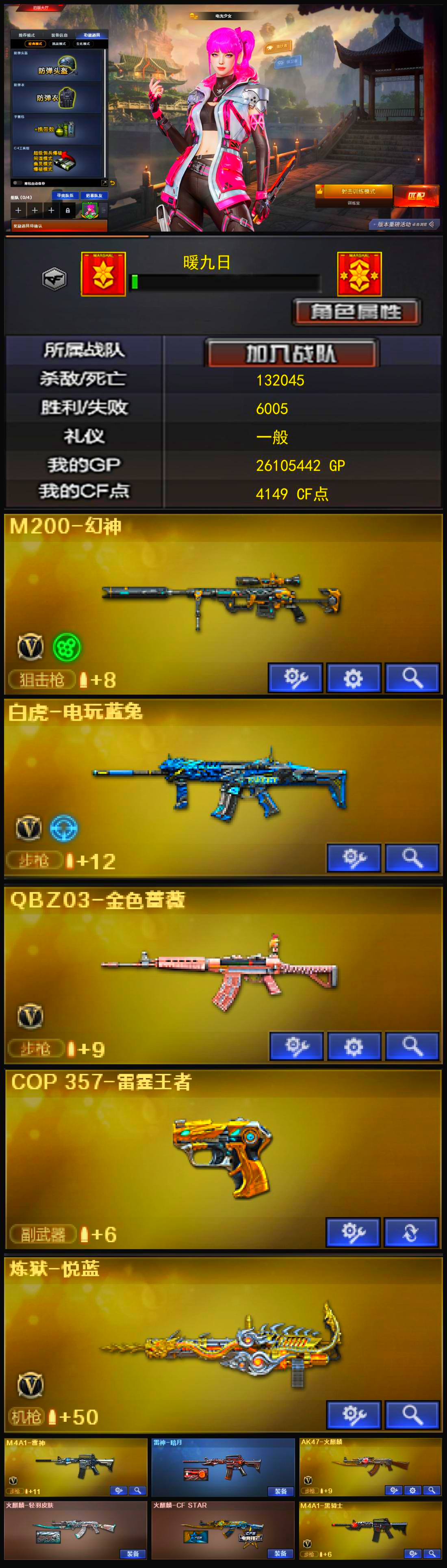 988💰Q1656🦧【幻神 白虎电玩蓝兔 QBZ 魂裁决 COP雷霆王者】北部【辽宁一区】【荣耀枪王】【会员等级VIP3】【CF点4149】【V武器数16】【M200-幻神】【白虎-电玩蓝兔】【QBZ03-金色蔷薇】【COP 357-雷霆王者】【炼狱-悦蓝-觉醒版】【M4A1-雷神】【雷神-暗月】【AK47-火麒麟】【火麒麟-轻羽皮肤】【火麒麟-CFSTAR】【火麒麟-雷神】【M4A1-黑骑士】