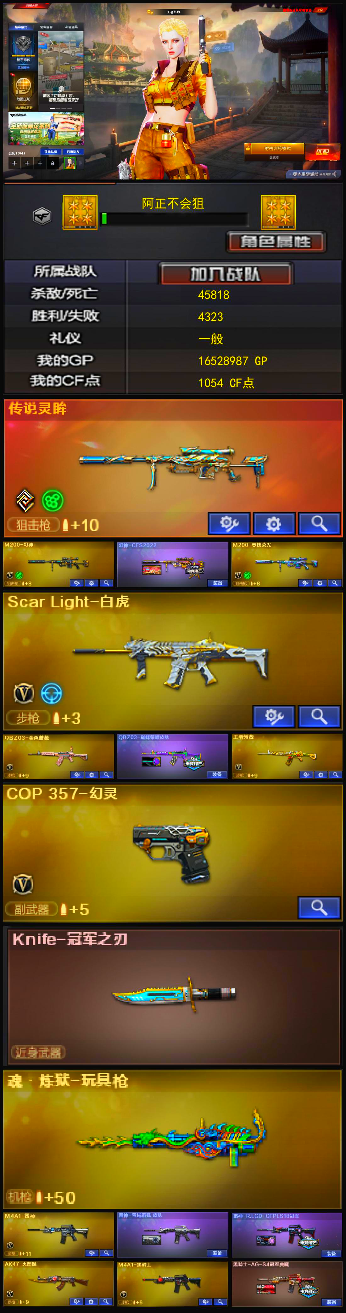 1588💰Q1682🦧【传说灵眸 幻神带皮 魂裁决 竞技幻神 COP幻灵 白虎 QBZ带皮 冠军之刃 3人物 王者春/王者潘多拉/王者影豹 雷神带皮】东部【上海二区】【荣耀枪王】【会员等级VIP4】【CF点1054】【V武器数29】【幻神1皮】【幻灵套装X2套】【竞技荣光套装X1套】【传说灵眸】【M200-幻神】【幻神-CFS2022】【M200-竞技荣光】【Scar Light-白虎】【QBZ03-金色蔷薇】【QBZ03-巅峰荣耀皮肤】【王者芳薇-觉醒版】【COP 357-幻灵】【Knife-冠军之刃】【魂·炼狱-玩具枪】【王者春】【王者潘多拉】【王者影豹】【云海玲珑】【M4A1-雷神】【雷神-雪域霜狐 皮肤】【雷神-R.LGD-CFPLS18冠军】【AK47-火麒麟】【M4A1-黑骑士】【黑骑士-AG-S4冠军典藏】
