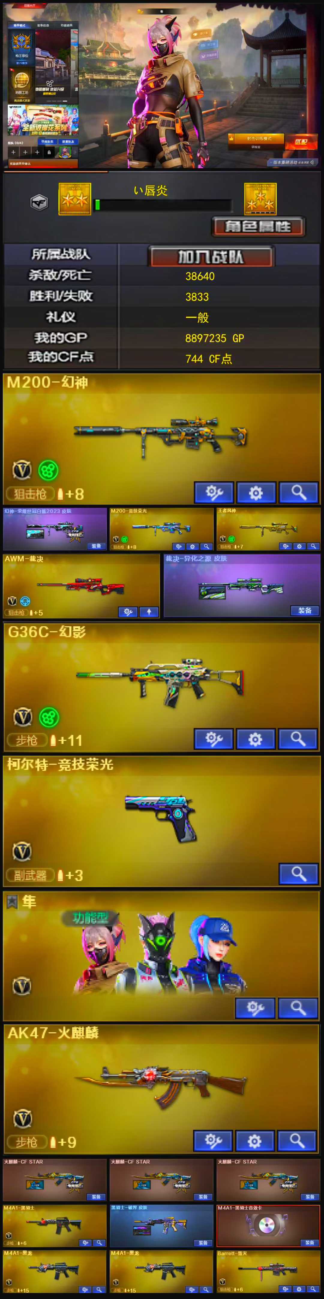 1288💰编号KD1076【幻神白鲨皮肤 裁决带皮 G36C幻影 古蛇QBZ 竞技柯尔特 王者风神 竞技幻神 隼】北部【河南一区】【枪王3】【会员等级VIP4】【CF点744】【V武器数26】【幻神1皮】【竞技荣光套装X2套】【M200-幻神】【幻神-荣耀世冠白鲨2023 皮肤】【M200-竞技荣光】【王者风神-觉醒版】【AWM-裁决】【裁决-异化之源 皮肤】【G36C-幻影】【柯尔特-竞技荣光】【蛇隐宗】【王者-魅影】【隼】【AK47-火麒麟】【火麒麟-CFSTAR】【M4A1-黑骑士】【黑骑士-破界 皮肤】【M4A1-黑骑士音效卡】【M4A1-黑龙】【Barrett-毁灭】