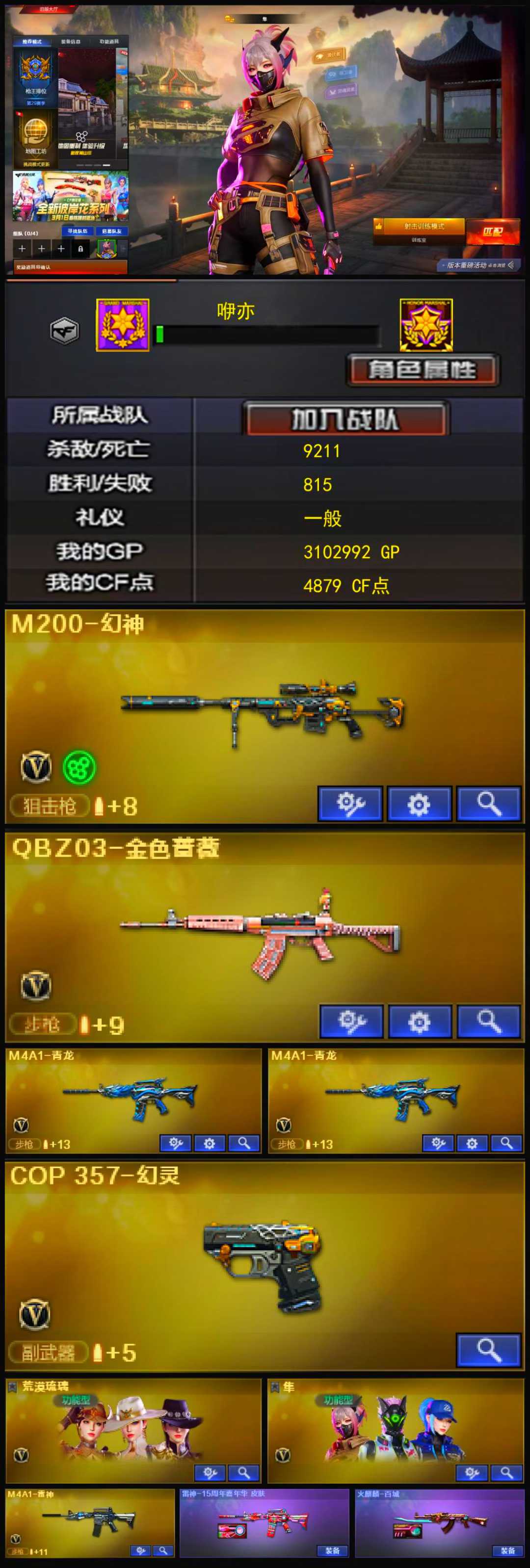 788💰编号KD906【幻神 qbz 荒漠琉璃 cop 源裁决 隼】
东部大区【安徽一区】【大师4】【会员等级VIP4】【CF点4879】【V武器数22】【幻灵套装X2套】【M200-幻神】【QBZ03-金色蔷薇】【M4A1-青龙】【COP 357-幻灵】【荒漠琉璃】【隼】【M4A1-雷神】【雷神-15周年嘉年华 皮肤】【火麒麟-百城】