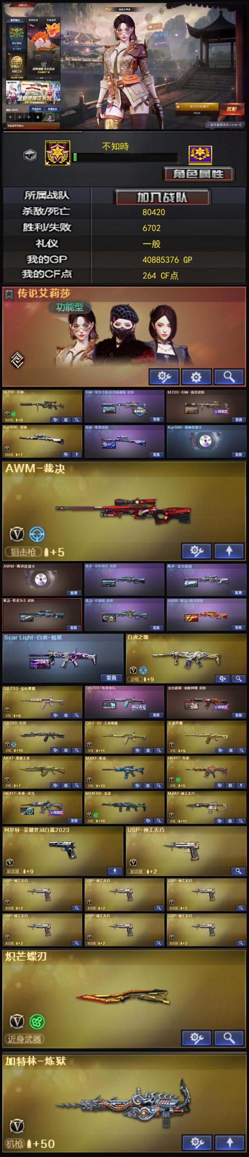 3878💰KD1289八副武器【传说艾丽莎 幻神双皮 裁决五皮三件套 星神三件套 8副武器 蝴蝶刀 白虎之魄 QBZ双皮 毁灭三件套 雷神荣耀 5音效卡 臻选次元套】北部【黑龙江区】【可排位】【荣耀之巅】【会员等级VIP6】【CF点264】【V武器数105】【幻神2皮】【星神三件套】【裁决三件套】【神工天巧套装X13套】【传说艾莉莎】【M200-幻神】【幻神-星火小队签名臻藏版 皮肤】【M200-幻神-黄忠皮肤】【Kar98K-星神】【星神-璀璨皮肤】【Kar98K-星神音效卡】【AWM-裁决】【AWM-裁决音效卡】【裁决-流光秘银】【裁决-胜者为王 皮肤】【AWM-裁决-凤灵皮肤】【Scar Light-白虎-暗星】【白虎之魄-觉醒版】【QBZ03-金色蔷薇】【QBZ03-传奇宠儿】【金色蔷薇-枪娘阿敏 皮肤】【QBZ03-天罚】【QBZ-03-王者蔷薇-觉醒版】【王者芳薇-觉醒版】【AK47-雷暴王者】【M4A1-青龙】【HK417-朱雀】【M14EBR-玄武】【M4A1-神工天巧】【柯尔特-荣耀世冠白鲨2023】【USP-神工天巧】【炽芒蝶刃】【加特林-炼狱】【传说艾莉莎】【机械姬】【葵】【奇洋探员】【乔伊教练】【蛇隐宗】【王者-迷迭香】【王者-瞳-闭月羞花】【王者玲珑】【新海豹突击队】【修道士】【云海玲珑】【空】【M4A1-雷神】【雷神-荣耀之魄】【M4A1-战神赵云】【M4A1-战神赵云】【雷神-虎将】【雷神-暗月】【M4A1-雷神音效卡】【AK47-火麒麟】【火麒麟-华夏之心】【火麒麟-盘古】【火麒麟-心动糖果】【火麒麟-CFSTAR】【AK47-火麒麟音效卡】【黑骑士-冠军之势】【黑龙-能量核心】【Barrett-毁灭】【Barrett-毁灭音效卡】