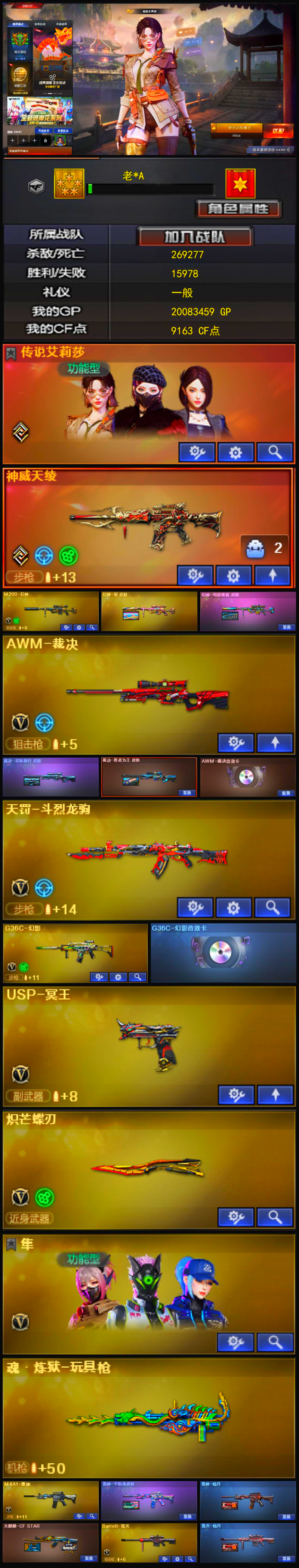 Q1967🦧【传说艾莉莎 神威天绫 幻神2皮（权 电流） 裁决三件套 USP冥王 G36C幻影带卡 QBZ天罚斗烈龙驹 蝴蝶刀 隼】南部【湖南二区】【可排位】【荣耀枪王】【会员等级VIP3】【CF点9163】【V武器数28】【幻神1皮】【传说艾莉莎】【神威天绫】【M200-幻神】【幻神-权 皮肤】【幻神-电流骇客 皮肤】【AWM-裁决】【AWM-裁决音效卡】【裁决-胜者为王 皮肤】【Scar Light-白虎】【G36C-幻影】【G36C-幻影音效卡】【USP-冥王】【炽芒蝶刃】【魂·炼狱-玩具枪】【传说艾莉莎】【审判者】【隼】【M4A1-雷神】【雷神-宇航兔皮肤】【雷神-暗月】【火麒麟-CFSTAR】【M4A1-黑骑士】【Barrett-毁灭】【毁灭-暗月】